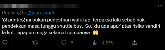 Some point out that the developer has done its part by providing free shuttle bus services, and that Azimah and other pedestrian commuters had to bear the risk if she decided to walk on foot instead. Image credit: Twitter